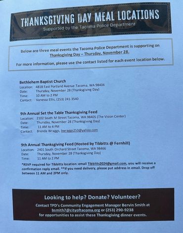 Spreading the word about free holiday meal resources across Tacoma, WA.