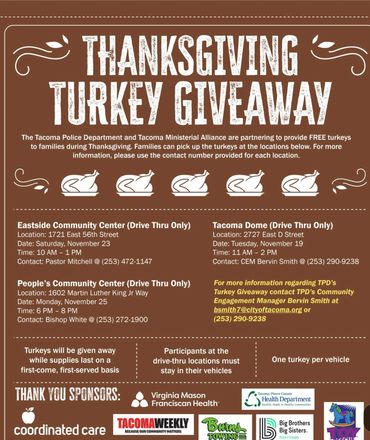 Our annual Thanksgiving Turkey Giveaway flyer, keeping a promise to feed the neighborhood.