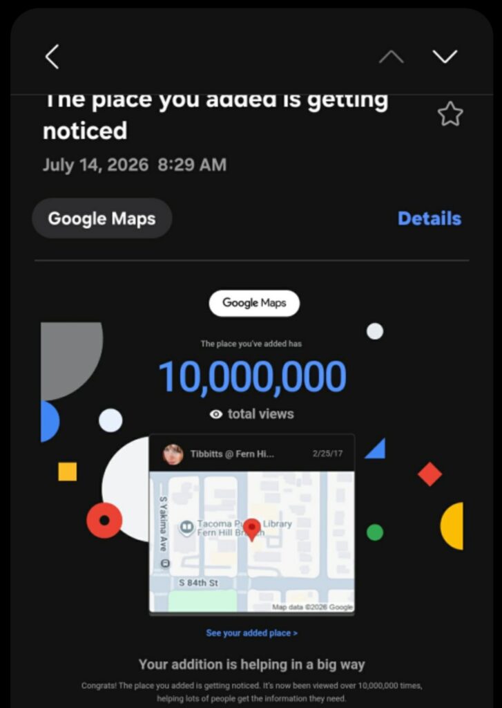 Google Maps email showing a Tibbitts @ Fern Hill place contribution reaching 10,000,000 total views